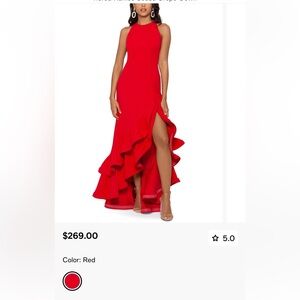 Betsy & Adam Red Asymmetrical Ruffled Halter Gown